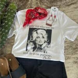 Dolly Parton crop top washed ight gray color size small no gray but sticker